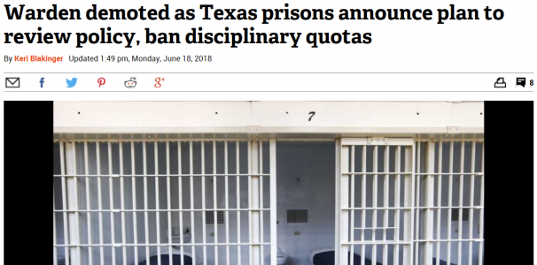 Warden demoted as Texas prisons announce plan to review policy, ban disciplinary quotas