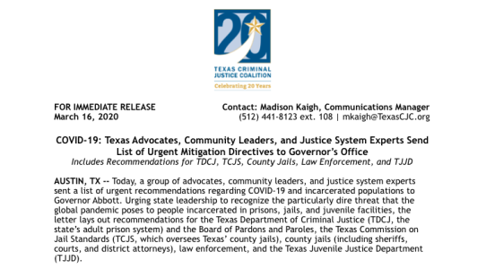 COVID-19: Texas Advocates, Community Leaders, and Justice System Experts Send List of Urgent Mitigation Directives to Governor’s Office