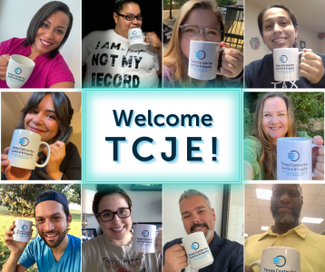 Staff members holding TCJE mugs, text reading Welcome TCJE!
