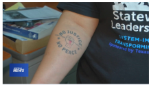 Spectrum News screengrab of Maggie's tattoo reading No justice No peace